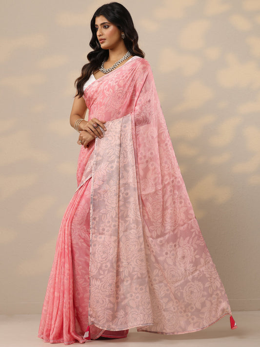 Pink Printed Silk Blend Sarees With Unstitched Blouse Piece