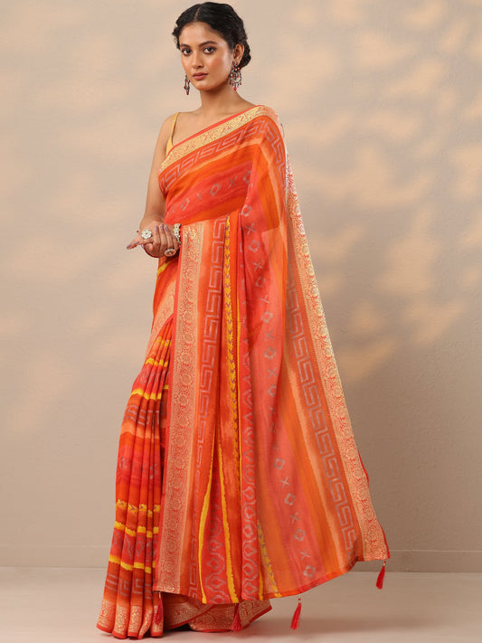 Orange Printed Georgette Saree With Unstitched Blouse Piece
