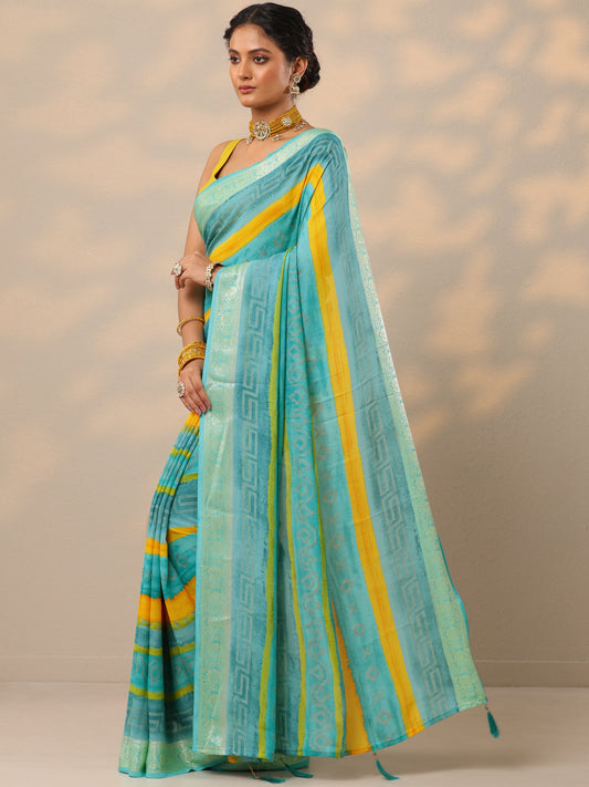 Blue Printed Georgette Saree With Unstitched Blouse Piece