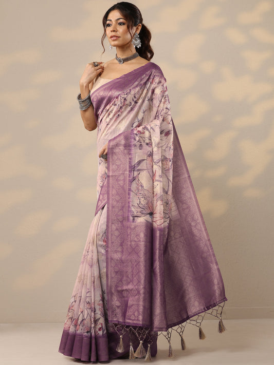 Purple Printed Cotton Blend Sarees With Unstitched Blouse Piece