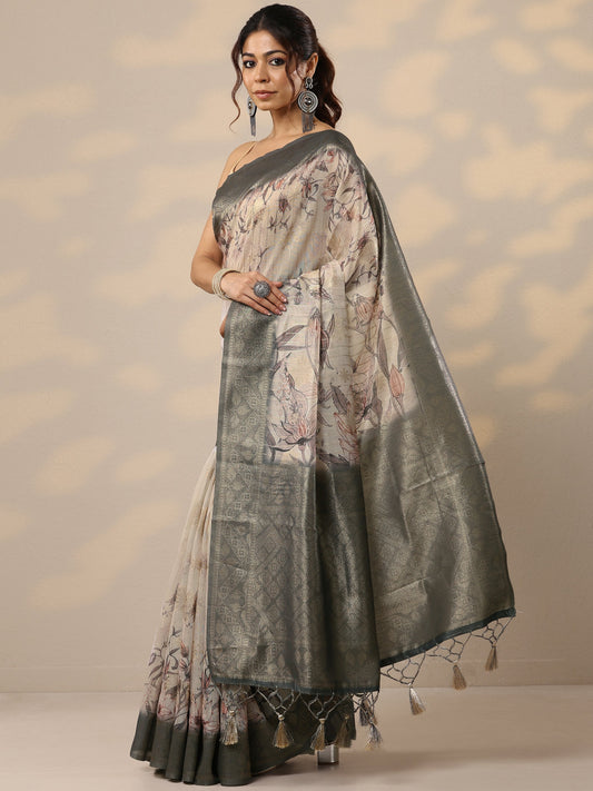 Grey Printed Cotton Blend Sarees With Unstitched Blouse Piece