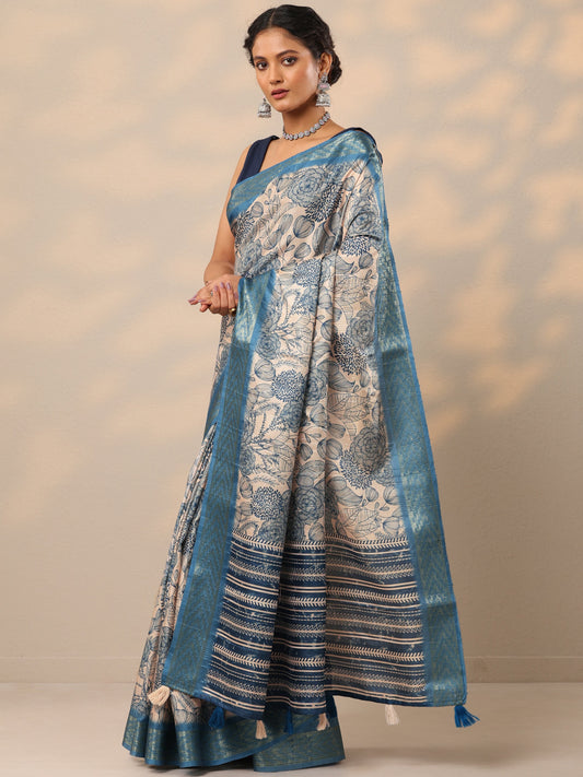 Blue Printed Silk blend Saree With Unstitched Blouse Piece