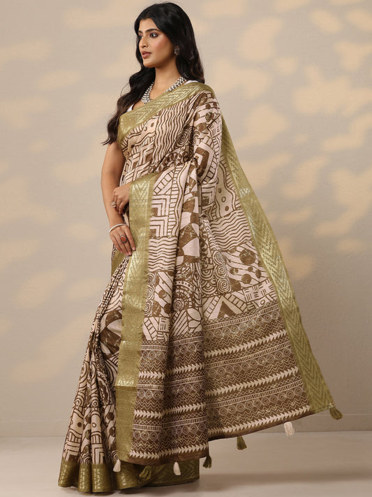 Green Printed Silk Blend Sarees With Unstitched Blouse Piece