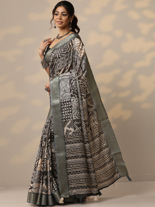 Grey Printed Silk Blend Sarees With Unstitched Blouse Piece