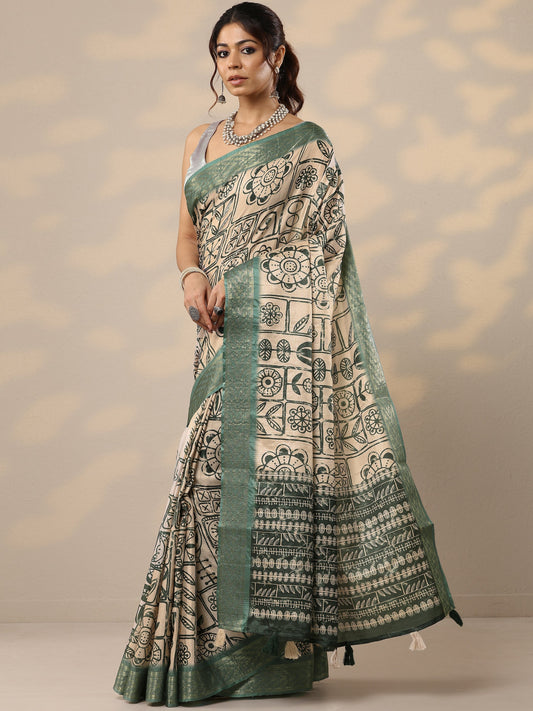 Green Printed Silk Blend Sarees With Unstitched Blouse Piece