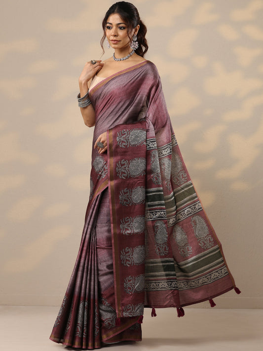 Burgundy Printed Cotton Blend Sarees With Unstitched Blouse Piece