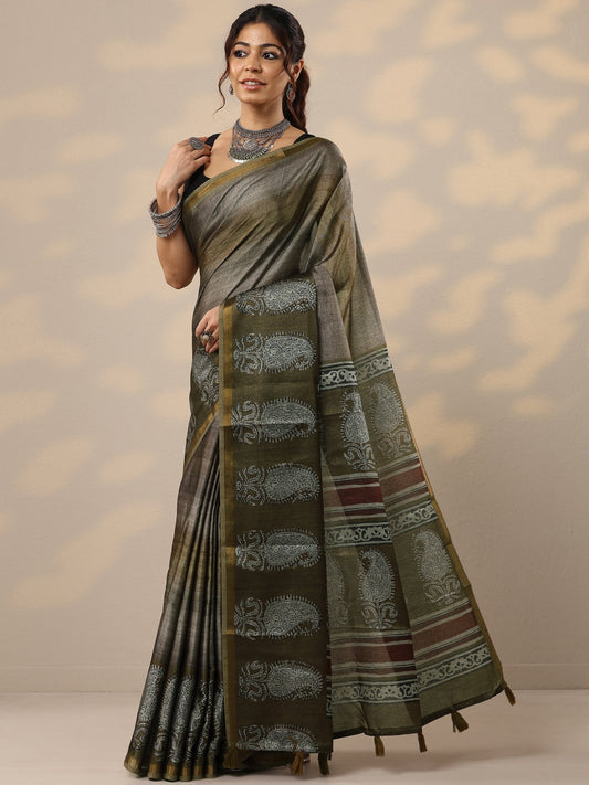 Olive Printed Cotton Blend Sarees With Unstitched Blouse Piece
