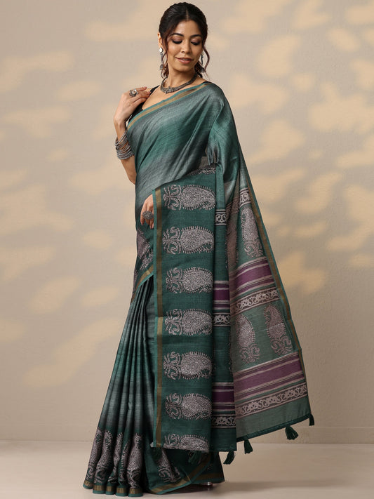 Blue Printed Cotton Blend Sarees With Unstitched Blouse Piece