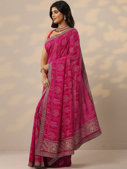 Pink Bandhani Printed Silk Blend Sarees With Unstitched Blouse Piece