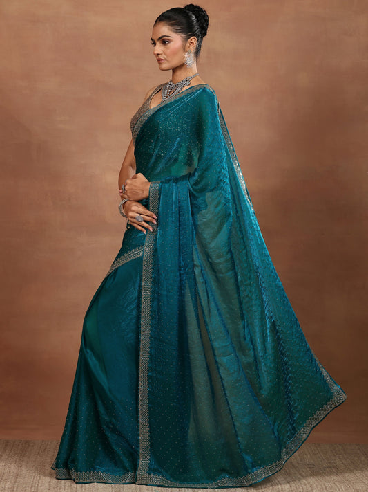 Blue Embellished Organza Sarees With Unstitched Blouse Piece