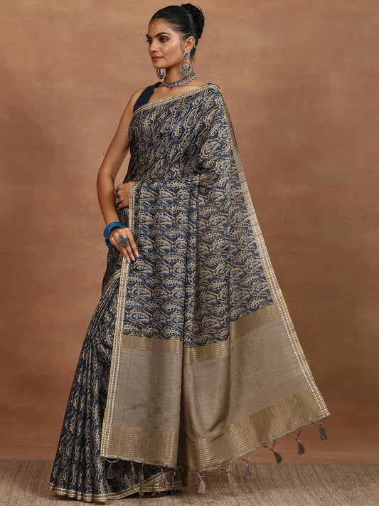 Navy Blue Printed Silk Blend Sarees With Unstitched Blouse Piece