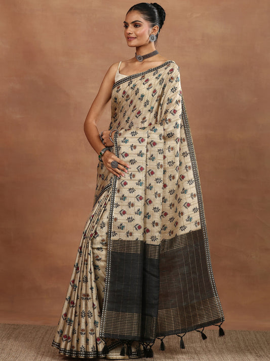 Beige Printed Silk Blend Sarees With Unstitched Blouse Piece