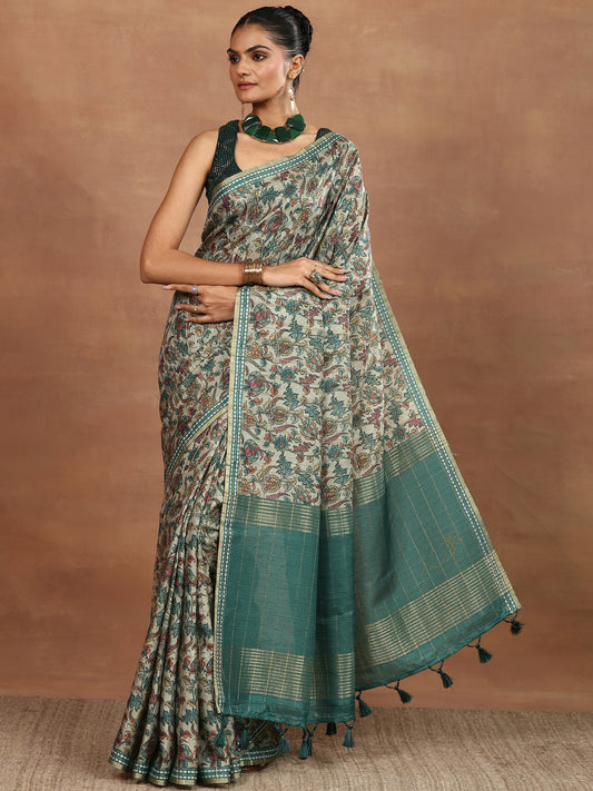 Green Printed Silk Blend Sarees With Unstitched Blouse Piece