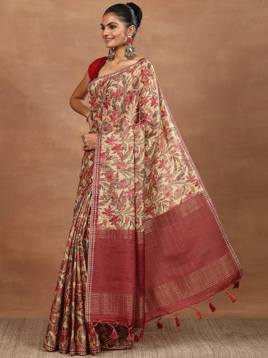 Beige Printed Silk Blend Sarees With Unstitched Blouse Piece