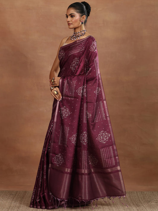 Burgundy Printed Silk Blend Saree With Unstitched Blouse Piece