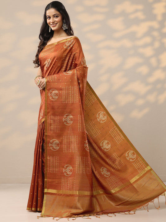 Orange Printed Silk Blend Sarees With Unstitched Blouse Piece