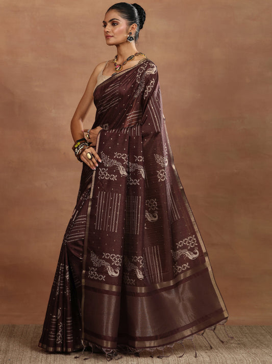 Brown Printed Silk Blend Saree With Unstitched Blouse Piece