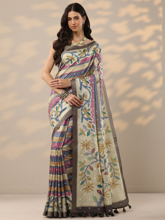 Multi Printed Silk Blend Saree With Unstitched Blouse Piece