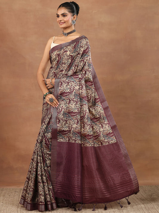 Burgundy Printed Silk Blend Sarees With Unstitched Blouse Piece