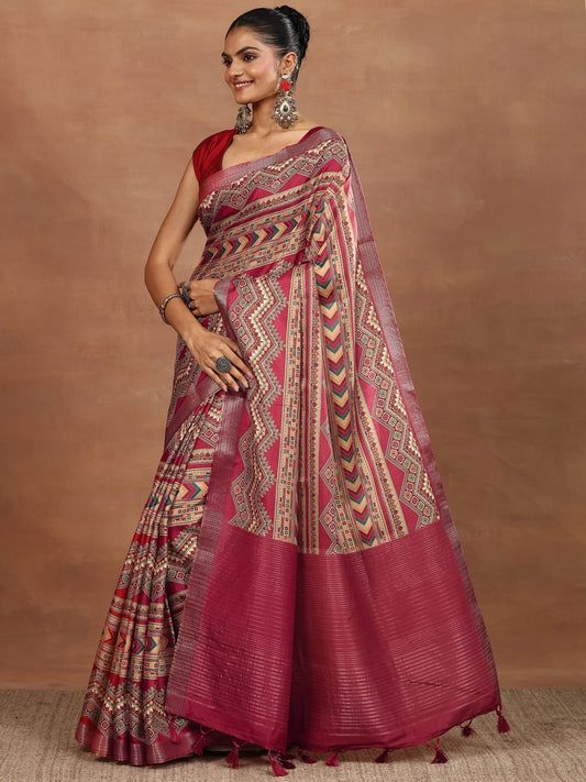 Red Printed Silk Blend Sarees With Unstitched Blouse Piece