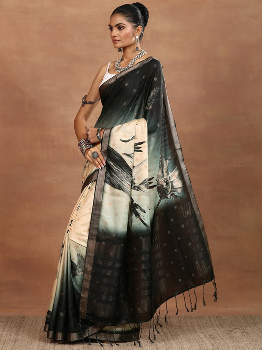 Beige Printed Silk Blend Sarees With Unstitched Blouse Piece