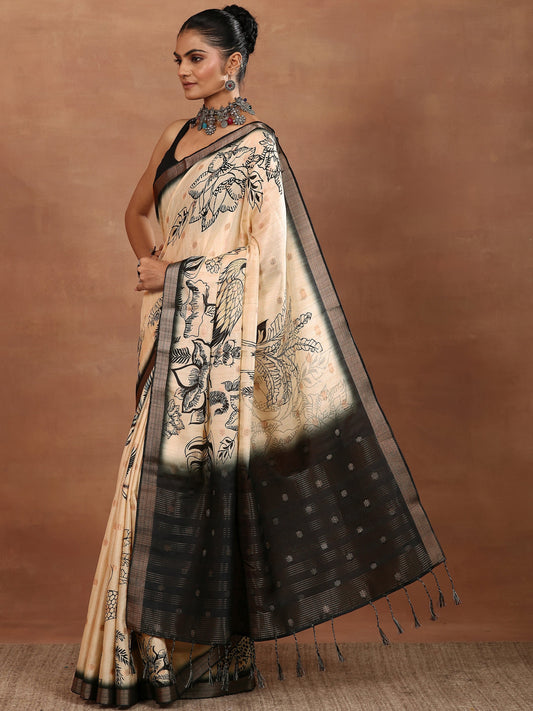 Beige Printed Silk Blend Sarees With Unstitched Blouse Piece