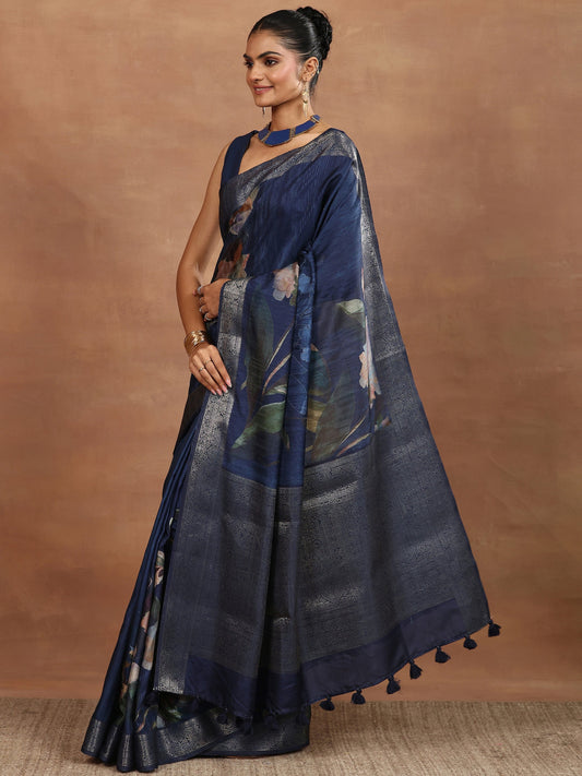 Blue Printed Silk Blend Sarees With Unstitched Blouse Piece
