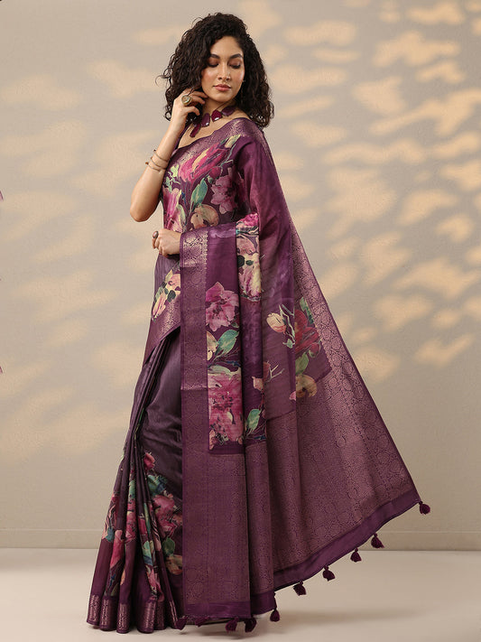 Burgundy Printed Silk Blend Sarees With Unstitched Blouse Piece