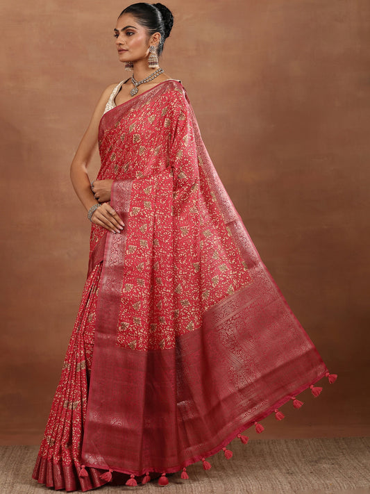 Coral Printed Silk Blend Sarees With Unstitched Blouse Piece