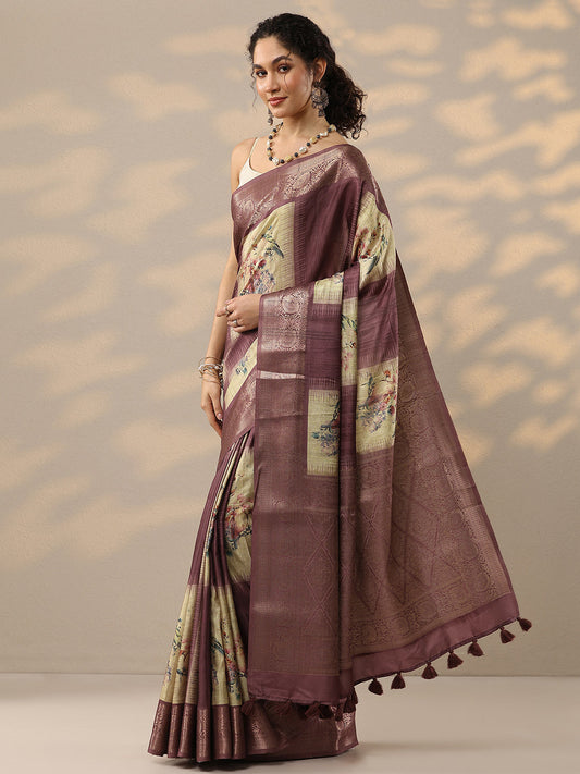 Beige Printed Silk Blend Sarees With Unstitched Blouse Piece