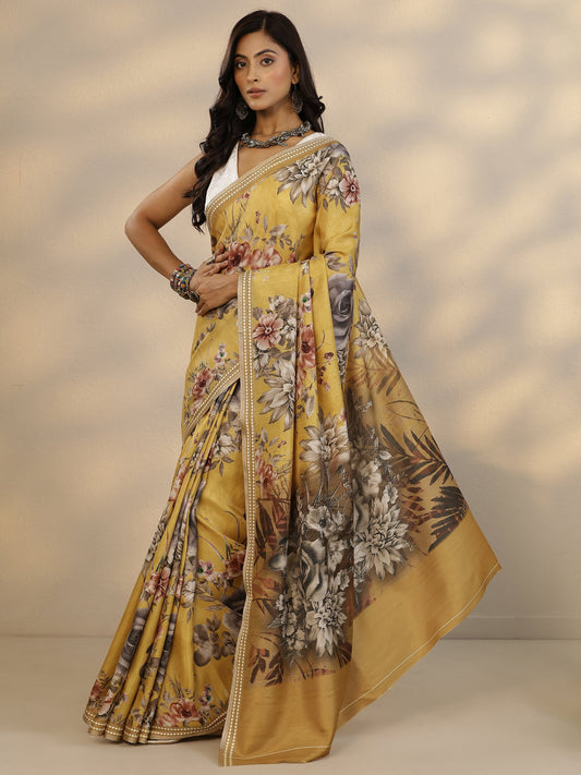 Mustard Printed Silk Blend Saree With Unstitched Blouse Piece
