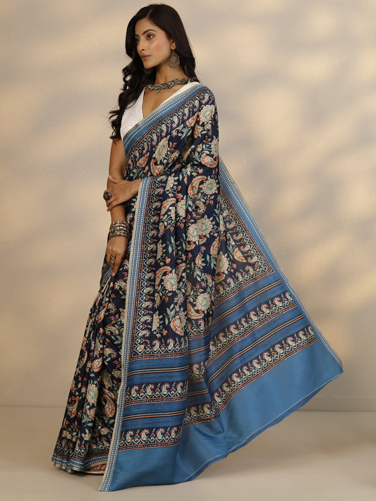 Blue Printed Silk Blend Saree With Unstitched Blouse Piece
