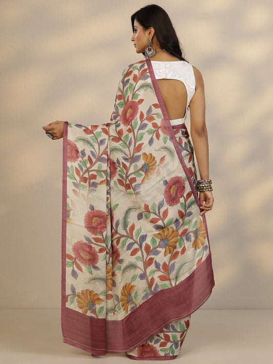 Beige Printed Satin Saree With Unstitched Blouse Piece