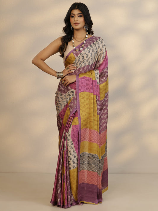 Multi Printed Satin Saree With Unstitched Blouse Piece