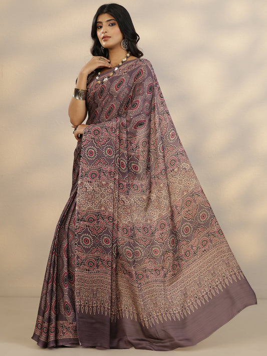 Purple Printed Satin Saree With Unstitched Blouse Piece
