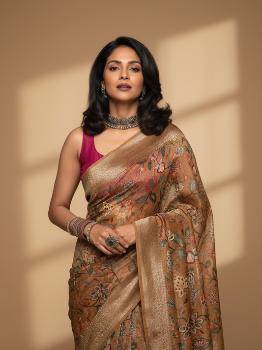 Mustard Printed Silk Blend Saree With Unstitched Blouse Piece