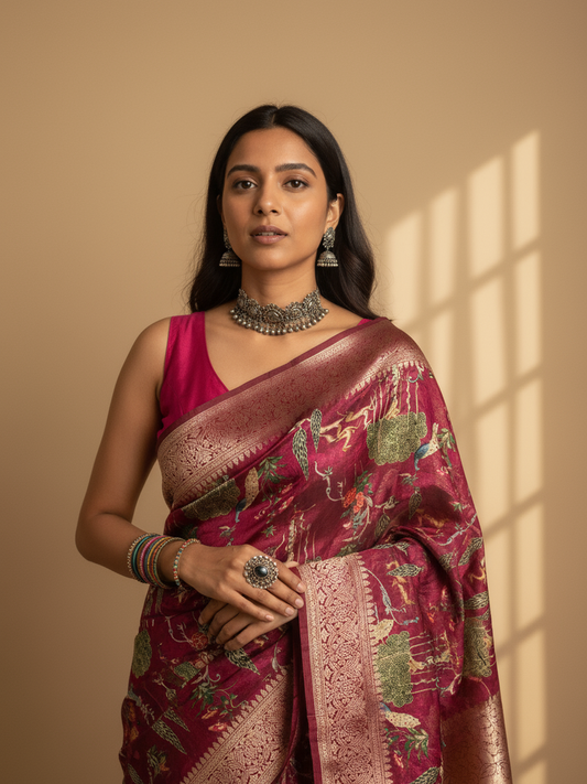 Maroon Printed Silk Blend Saree With Unstitched Blouse Piece