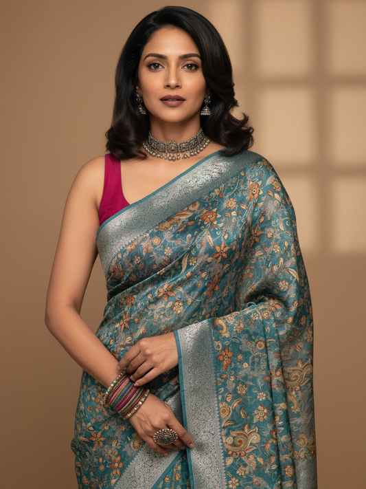 Blue Printed Silk Blend Saree With Unstitched Blouse Piece