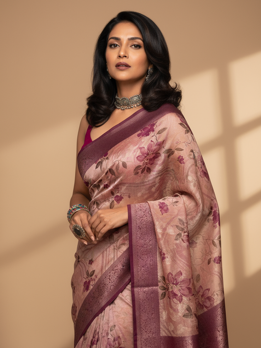 Pink Printed Silk Blend Saree With Unstitched Blouse Piece