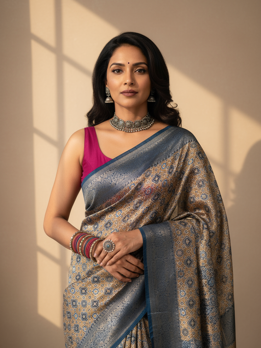 Blue Printed Silk Blend Saree With Unstitched Blouse Piece