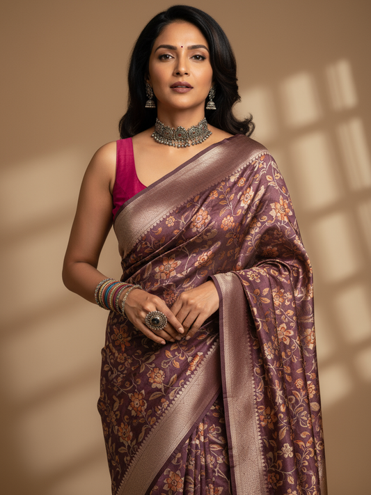 Purple Printed Silk Blend Saree With Unstitched Blouse Piece