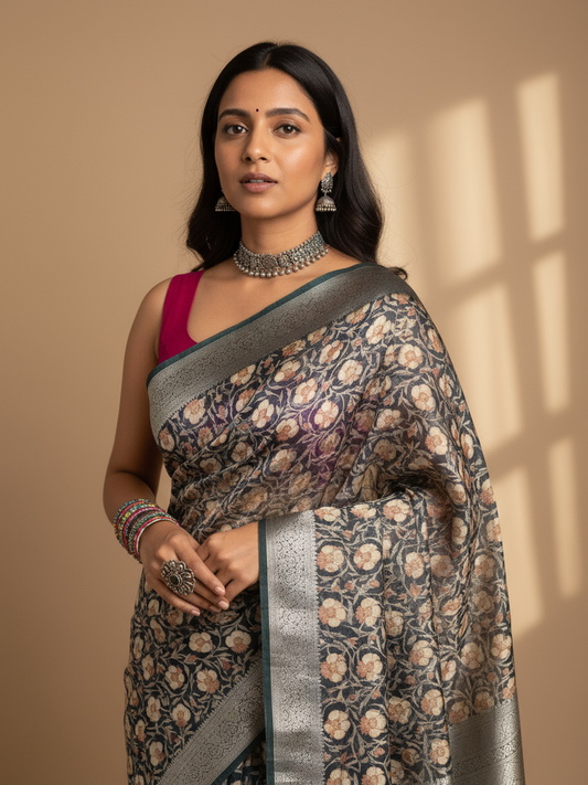 Black Printed Silk Blend Saree With Unstitched Blouse Piece