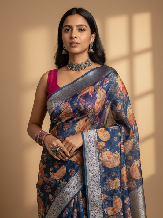 Blue Printed Silk Blend Saree With Unstitched Blouse Piece