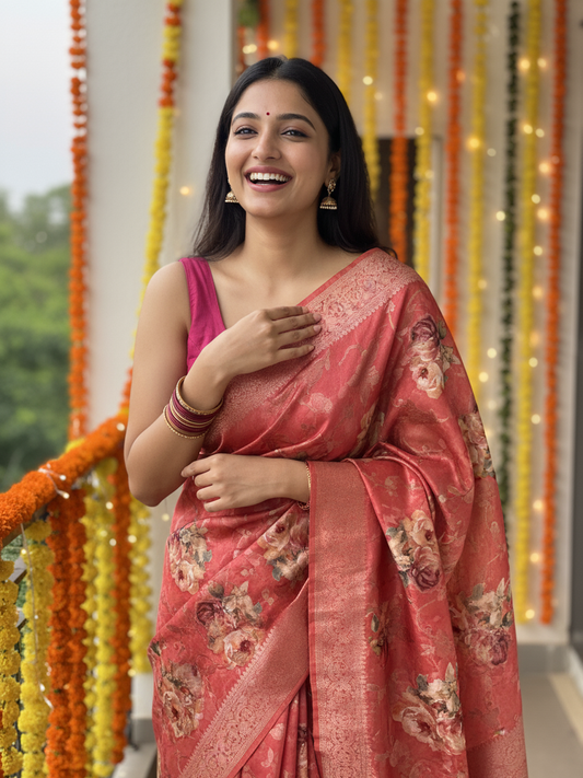 Coral Printed Silk Blend Saree With Unstitched Blouse Piece