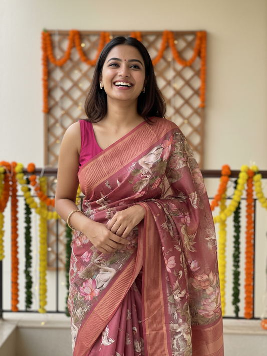 Mauve Printed Pure Georgette Saree With Unstitched Blouse Piece