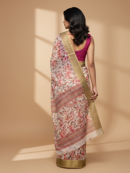 Cream Printed Pure Georgette Saree With Unstitched Blouse Piece
