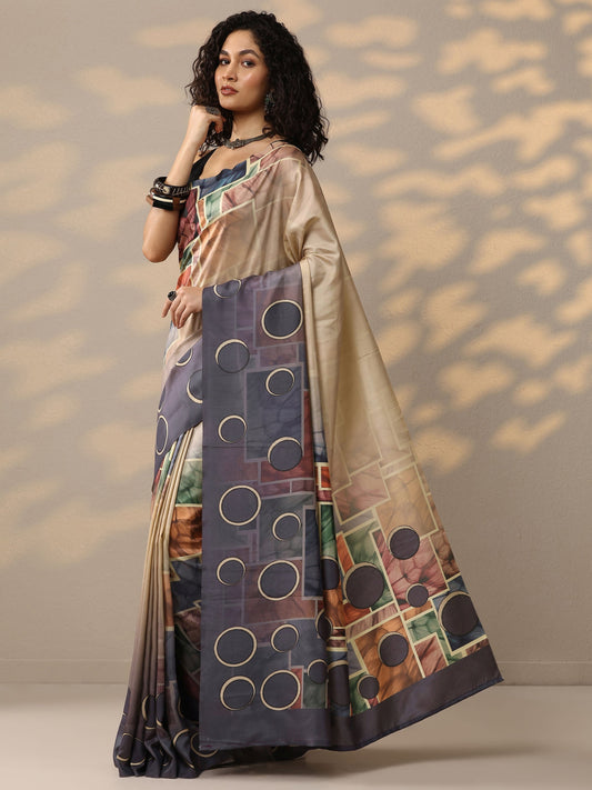 Multi Printed Silk Blend Saree With Unstitched Blouse Piece