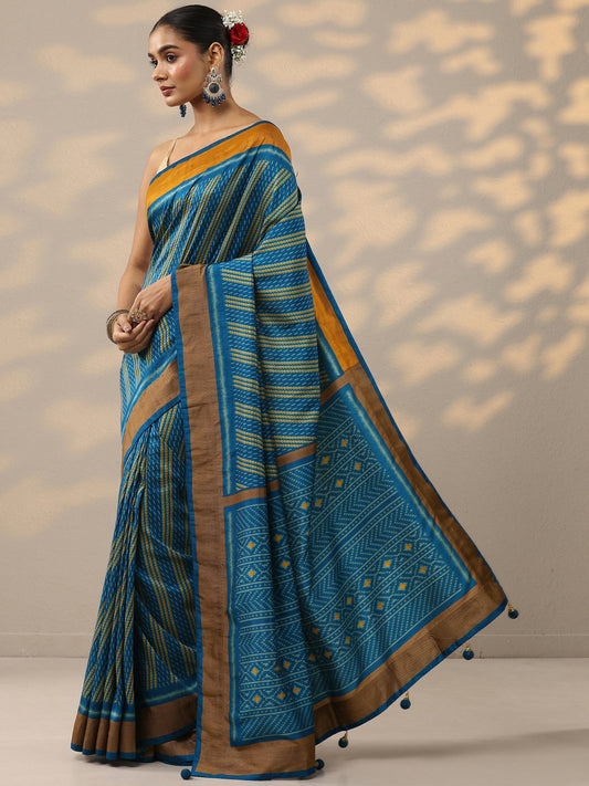 Blue Printed Silk Blend Saree With Unstitched Blouse Piece
