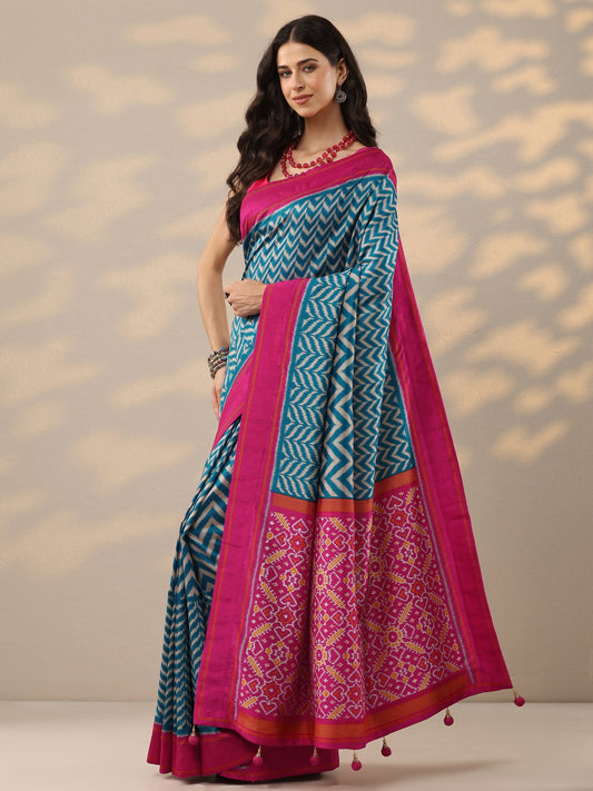 Blue Leheriya Printed Silk Blend Saree With Unstitched Blouse Piece