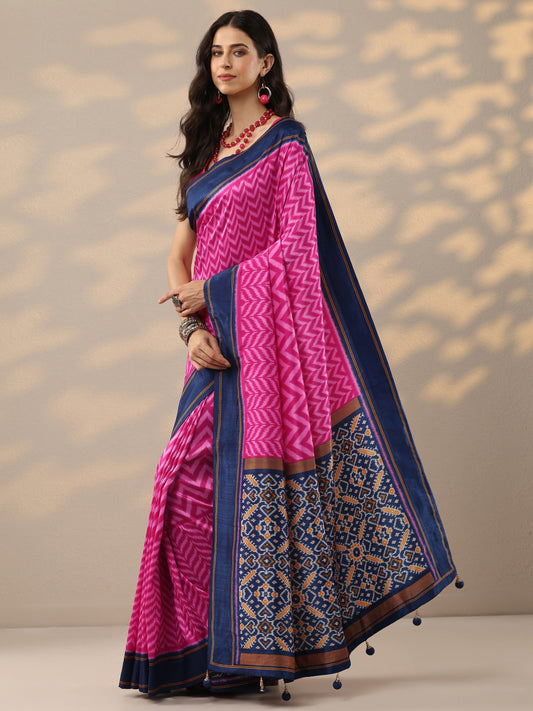 Pink Leheriya Printed Silk Blend Saree With Unstitched Blouse Piece